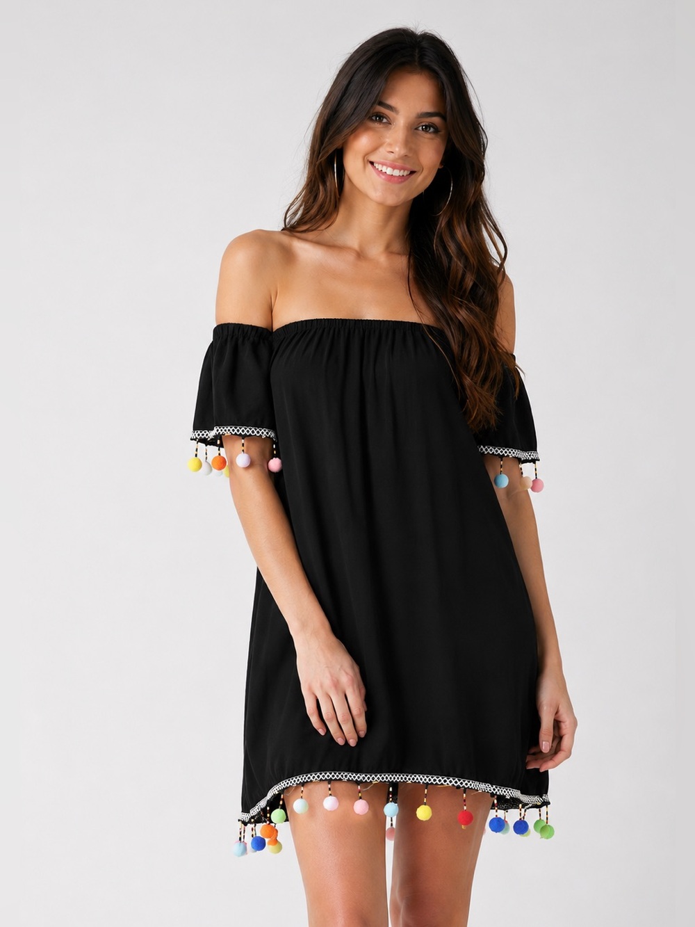 Boho Pom Pom Festival Dress Mini Off Shoulder Large